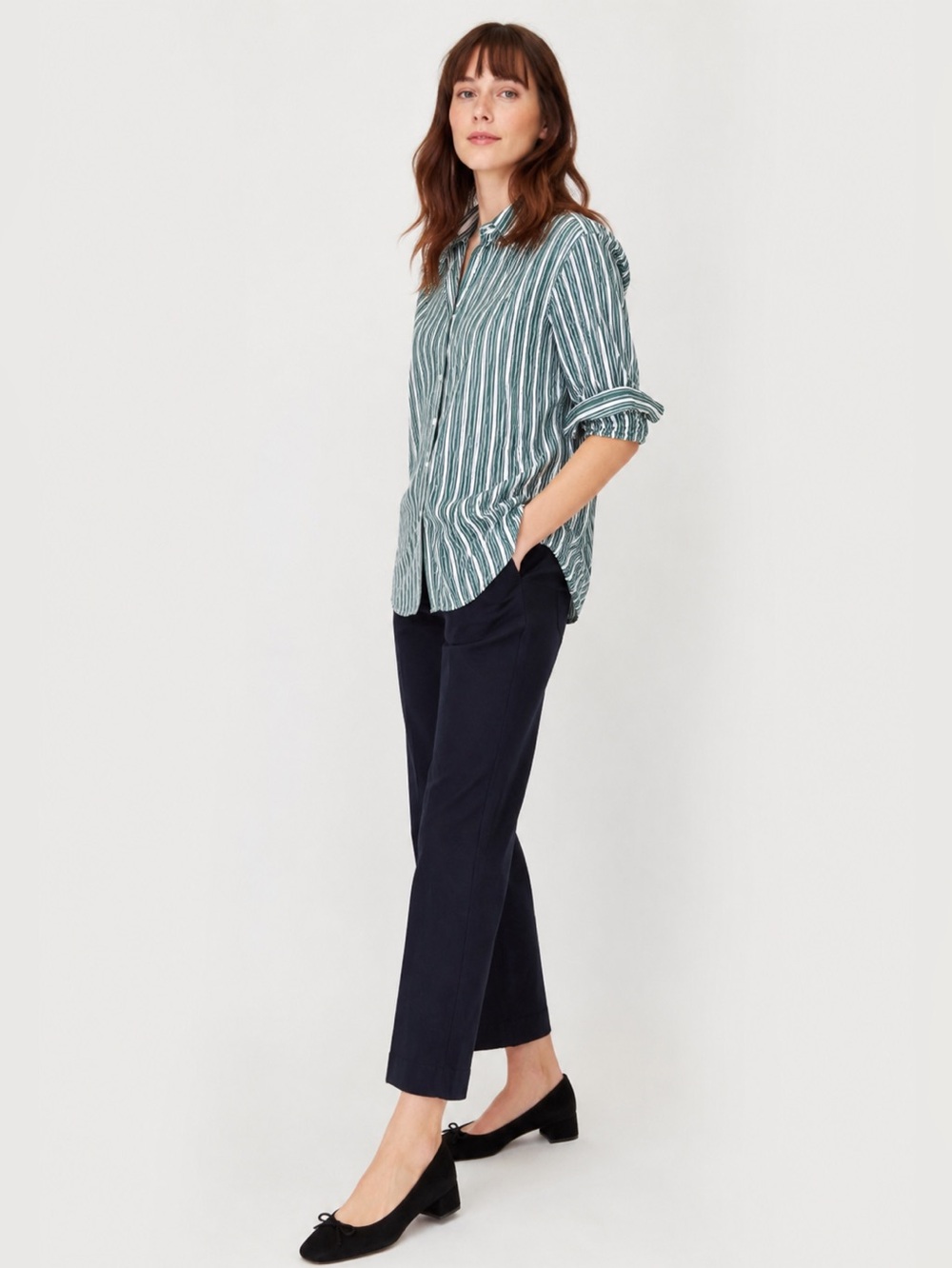 Ann Mashburn Striped Cotton Button Down Shirt Green White XS